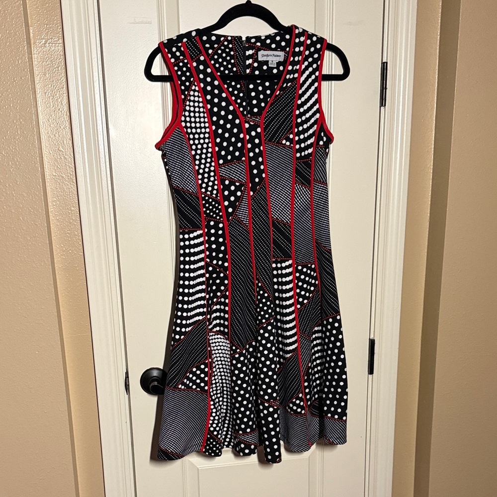 Shelby & Palmer Black and White Polka Dot Midi Dress with Red Trim